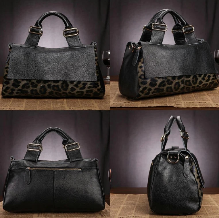 Leopard Print Handbag Soft Lychee Grain Leather Shoulder Crossbody Tote