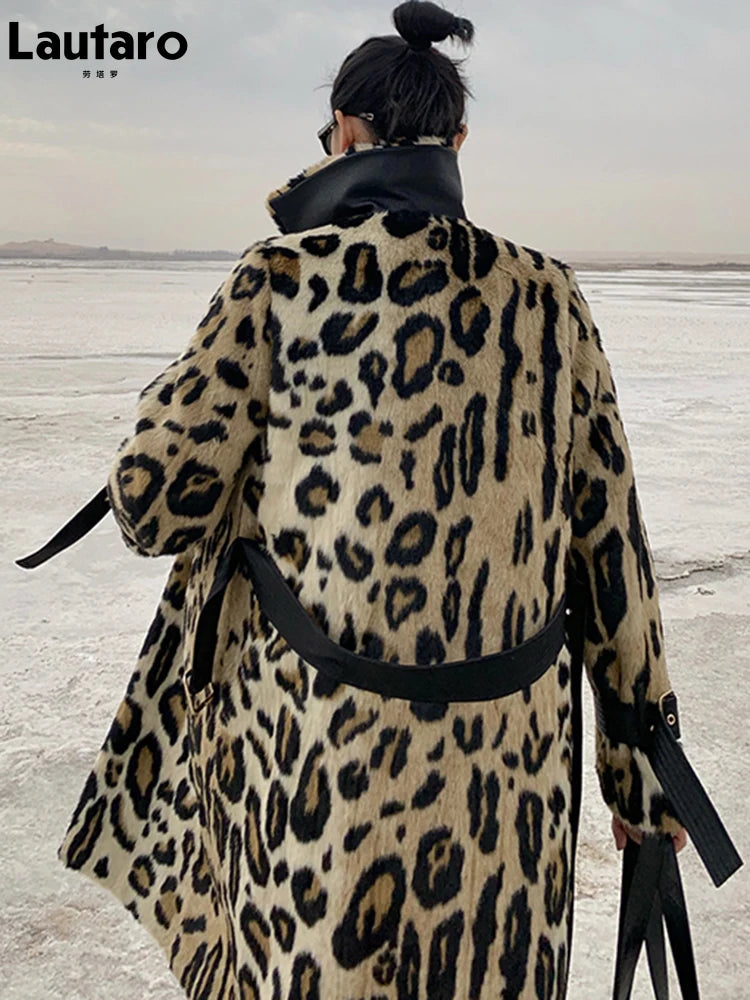 Leopard Print Warm Fluffy Faux Fur Trench Coat Double Breasted