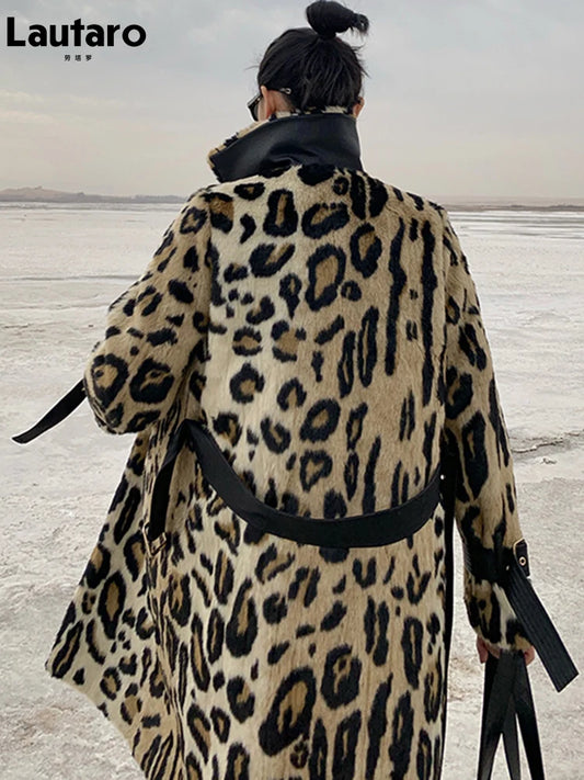 Leopard Print Warm Fluffy Faux Fur Trench Coat Double Breasted