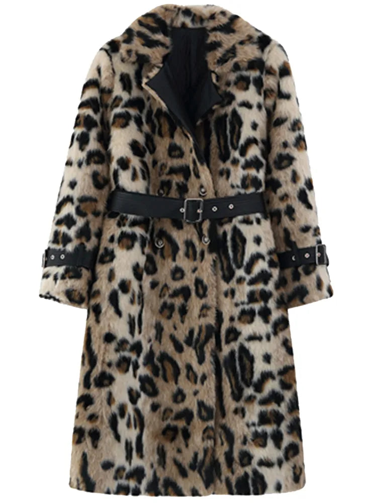 Leopard Print Warm Fluffy Faux Fur Trench Coat Double Breasted