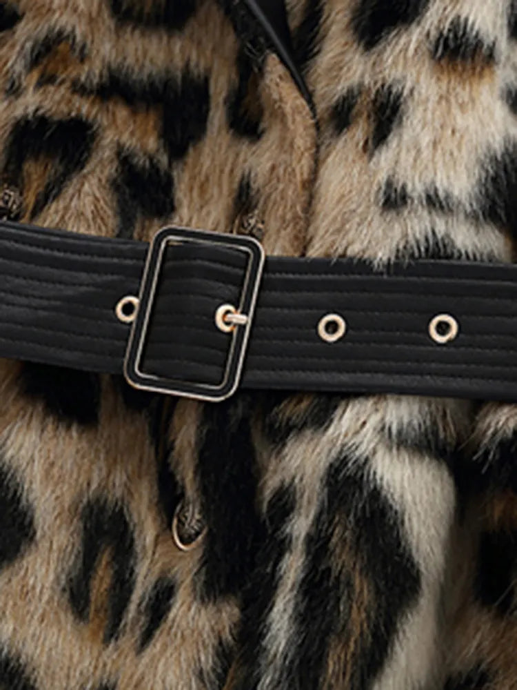Leopard Print Warm Fluffy Faux Fur Trench Coat Double Breasted
