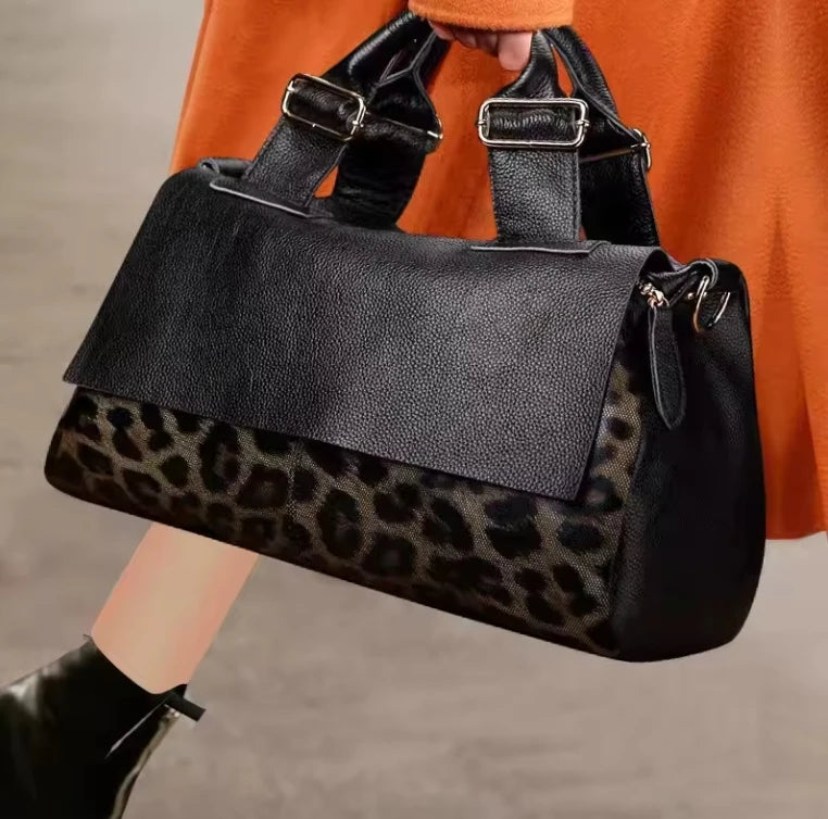 Leopard Print Handbag Soft Lychee Grain Leather Shoulder Crossbody Tote