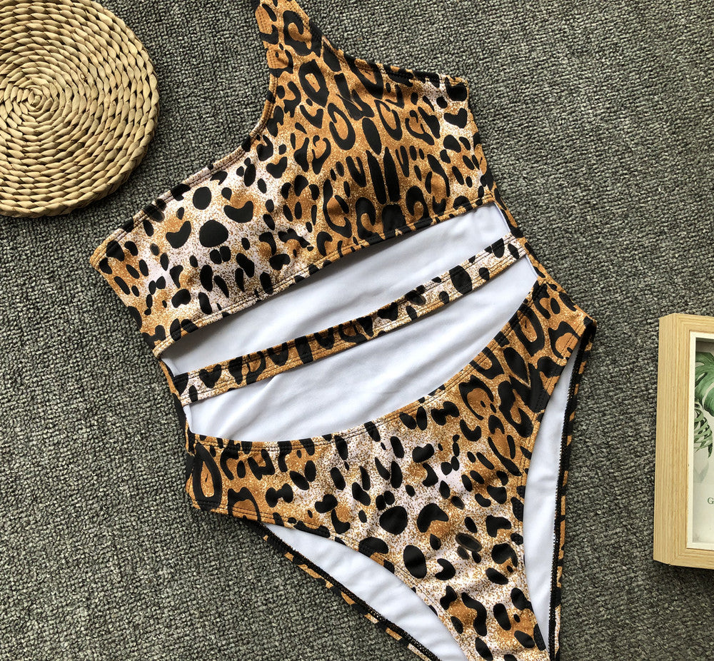 Leopard One Shoulder Women Swimwear One Piece Bikini