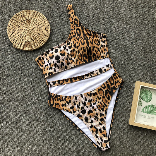 Leopard One Shoulder Women Swimwear One Piece Bikini