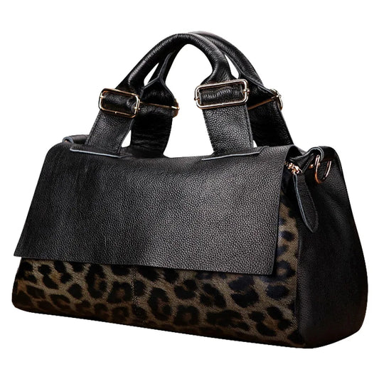 Leopard Print Handbag Soft Lychee Grain Leather Shoulder Crossbody Tote