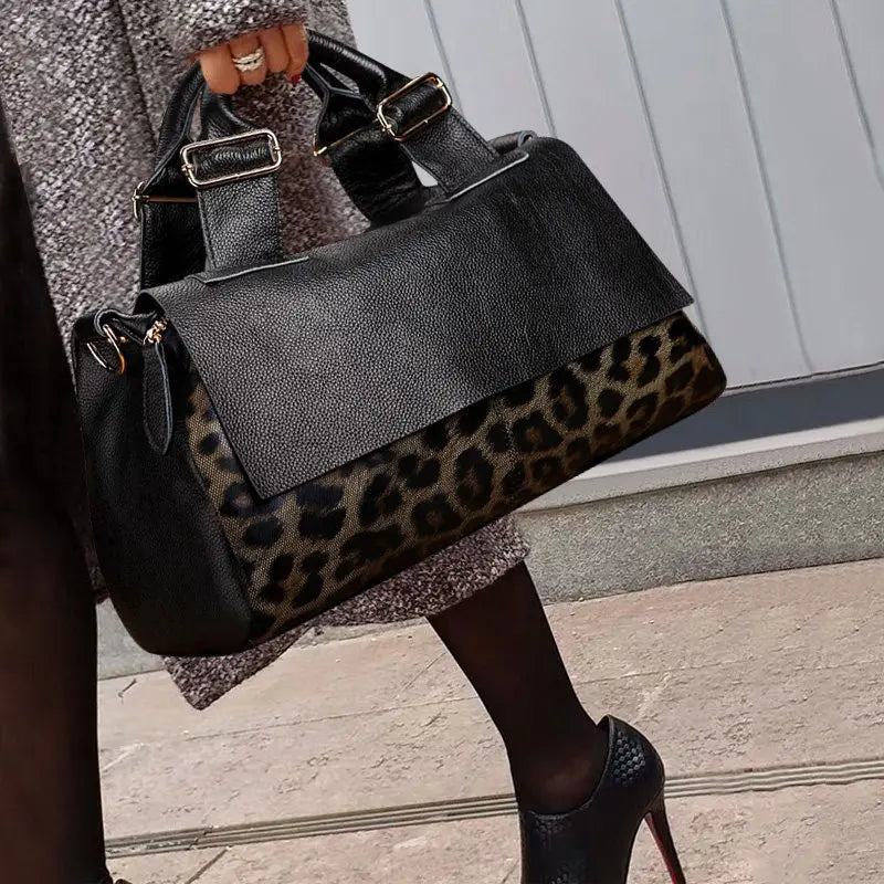 Leopard Print Handbag Soft Lychee Grain Leather Shoulder Crossbody Tote