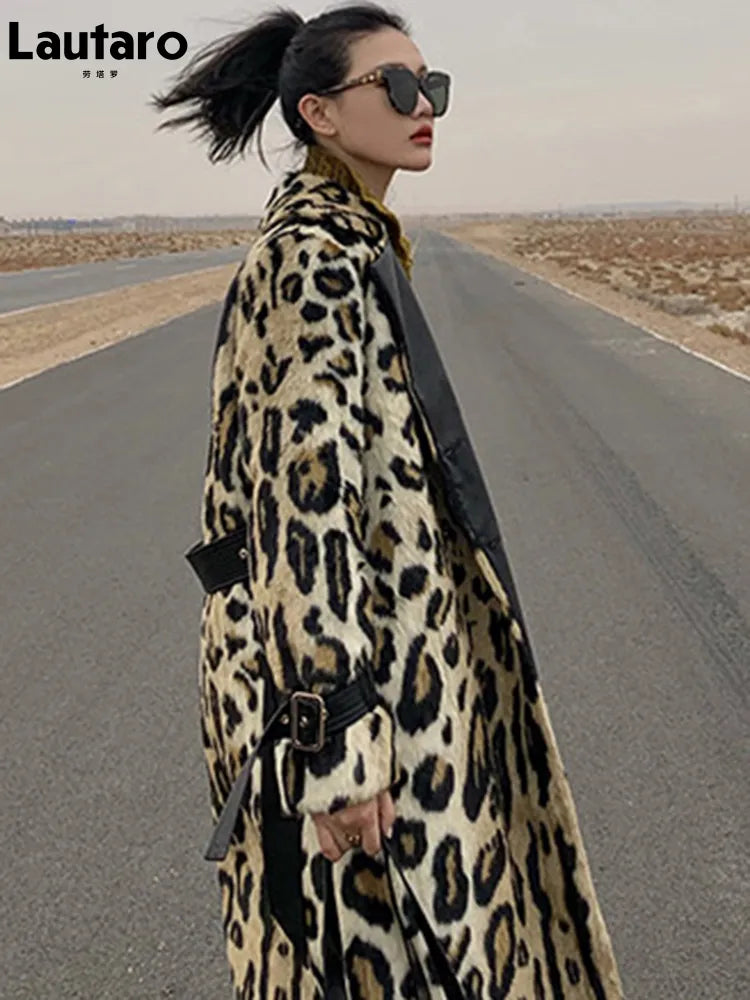 Leopard Print Warm Fluffy Faux Fur Trench Coat Double Breasted