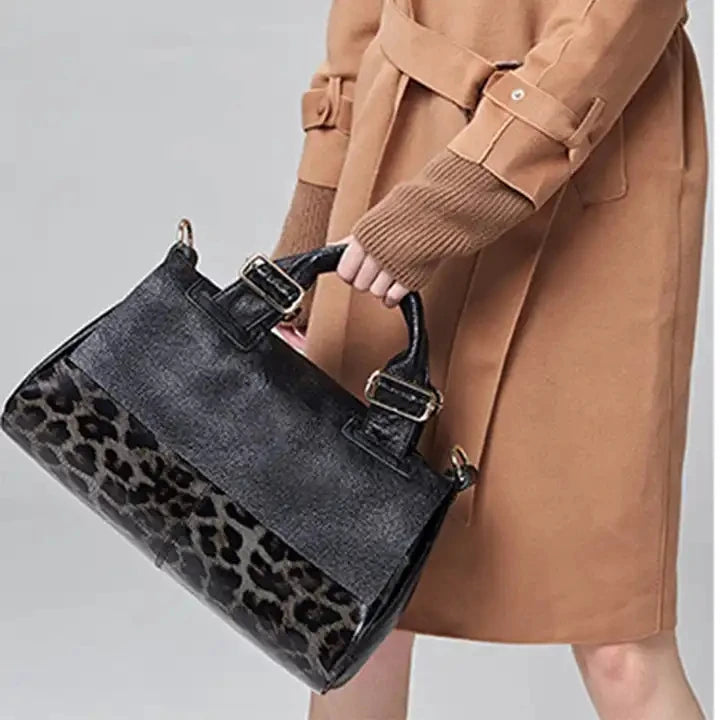 Leopard Print Handbag Soft Lychee Grain Leather Shoulder Crossbody Tote