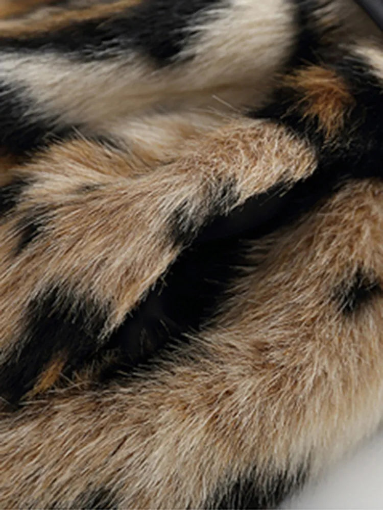 Leopard Print Warm Fluffy Faux Fur Trench Coat Double Breasted