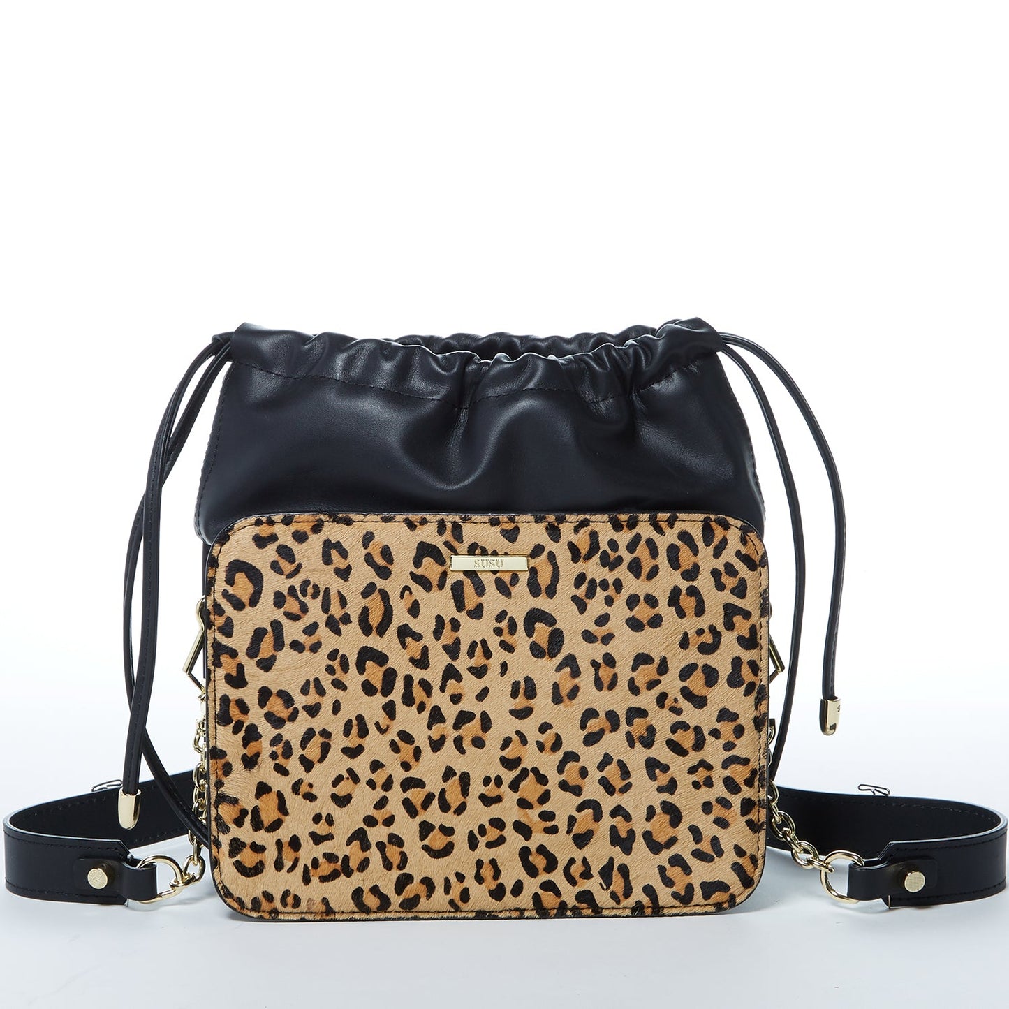 Leather Bucket Bag Leopard Black Purse Drawstring Design Medium Bag