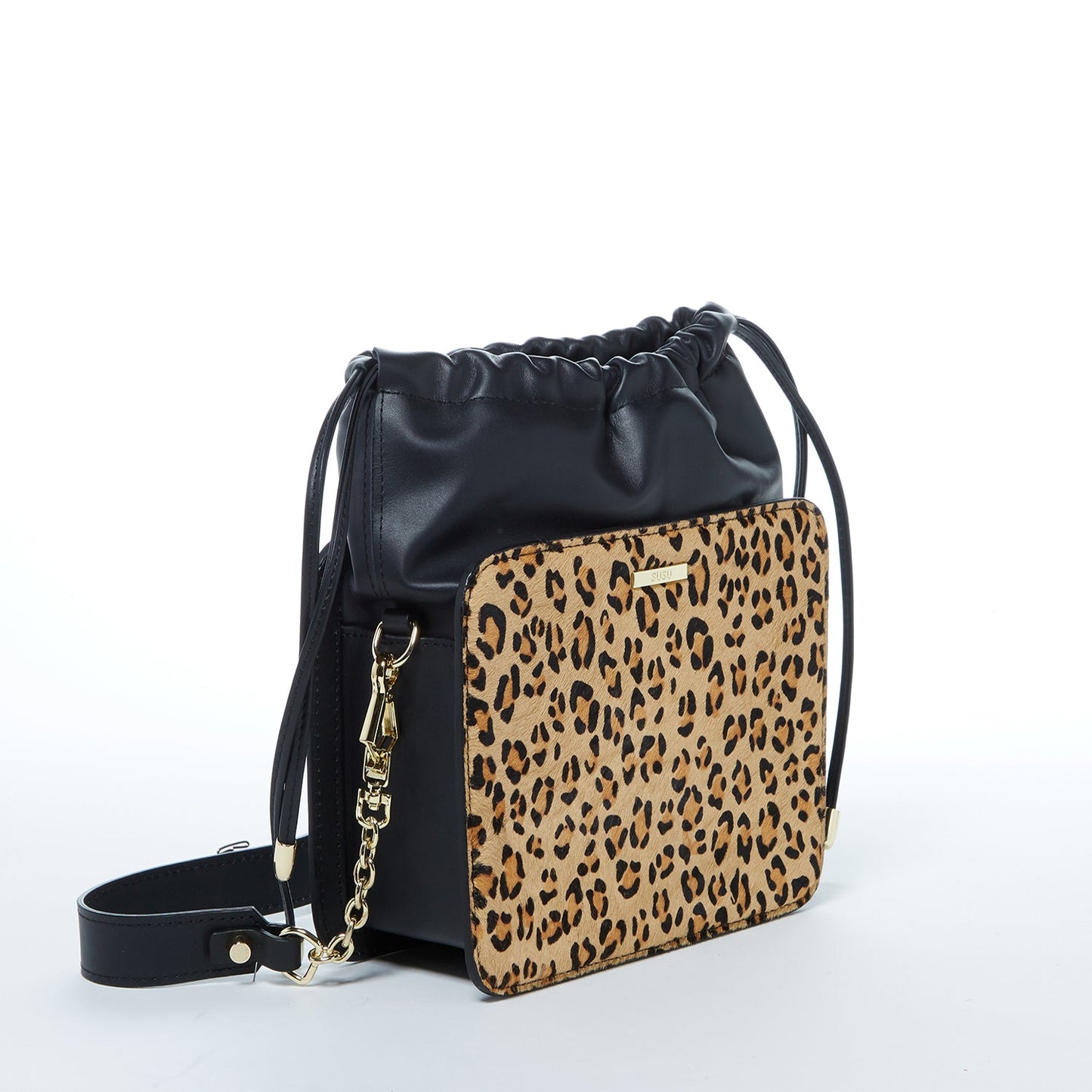 Leather Bucket Bag Leopard Black Purse Drawstring Design Medium Bag
