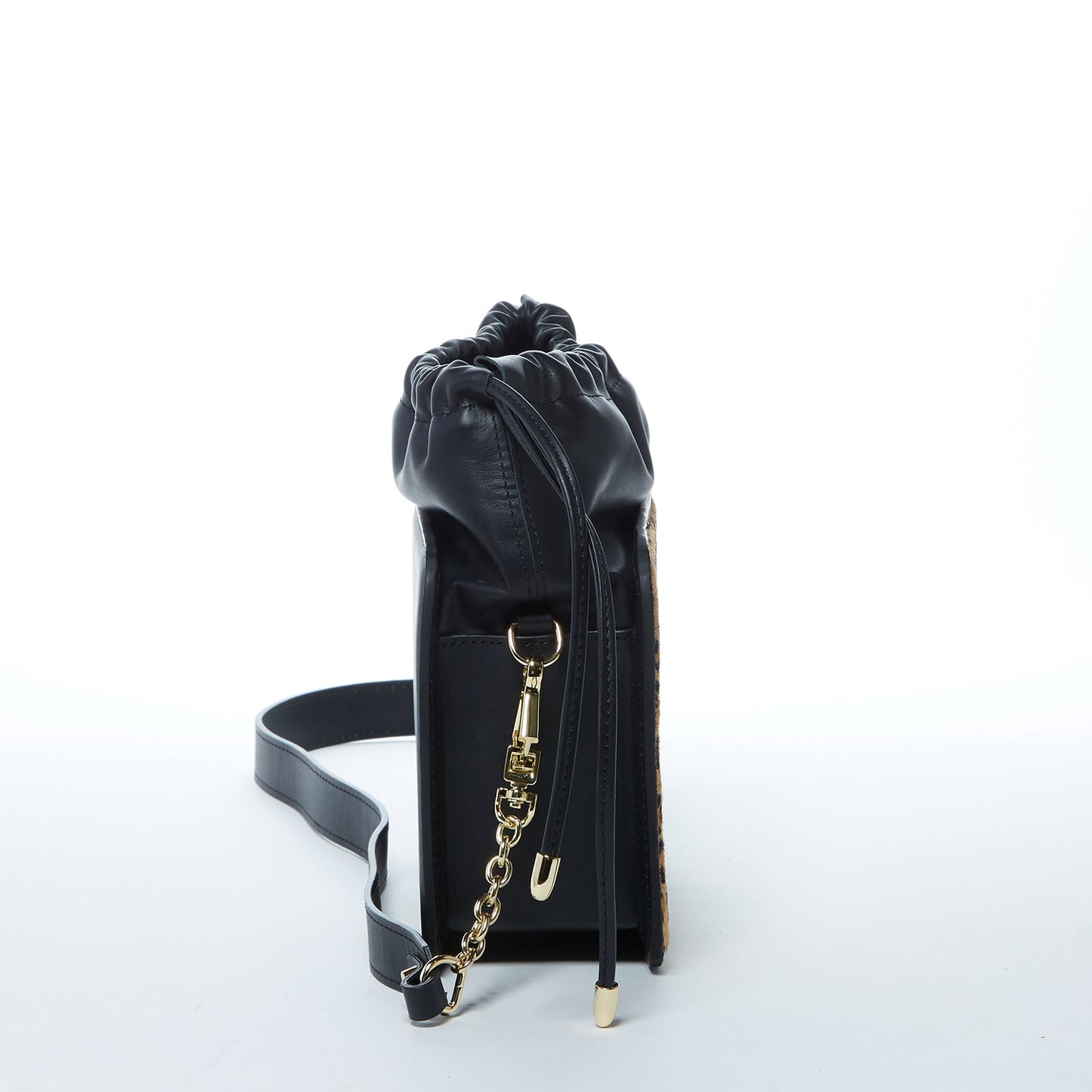 Leather Bucket Bag Leopard Black Purse Drawstring Design Medium Bag