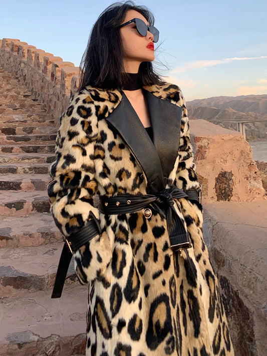 Leopard Print Warm Fluffy Faux Fur Trench Coat Double Breasted